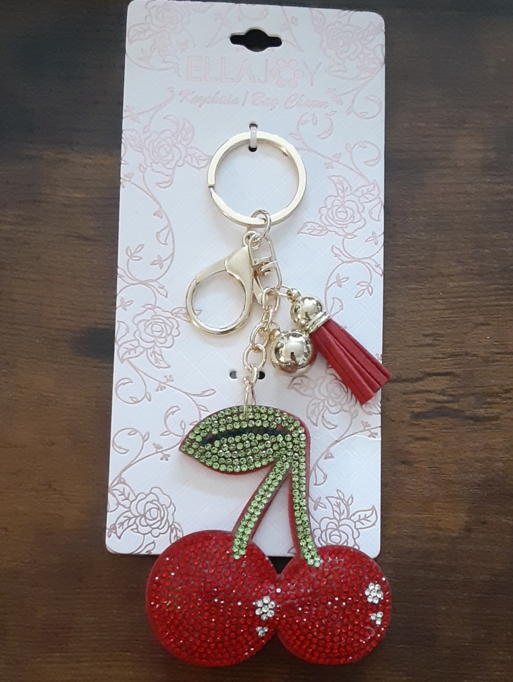 Red Blingy Cherry Keychain with Green Leaf and Gold Hardware